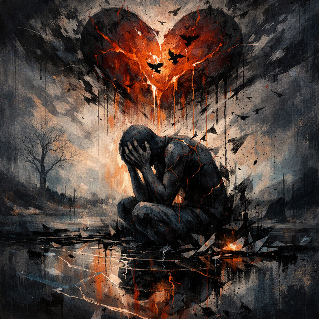 A person crouched with head in hands under a large cracked glowing heart with birds flying away