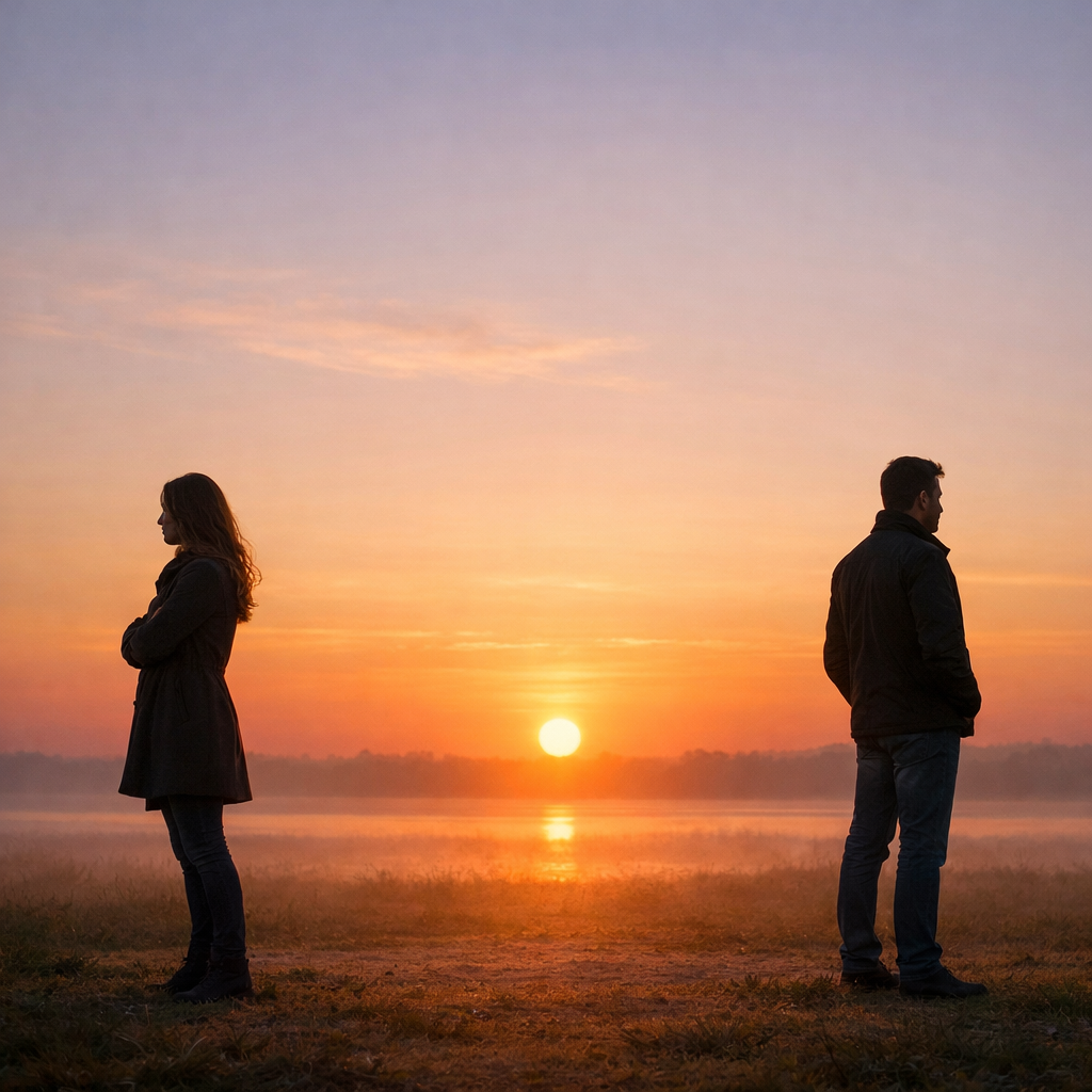 Man and woman standing apart facing away next to a lake at sunset