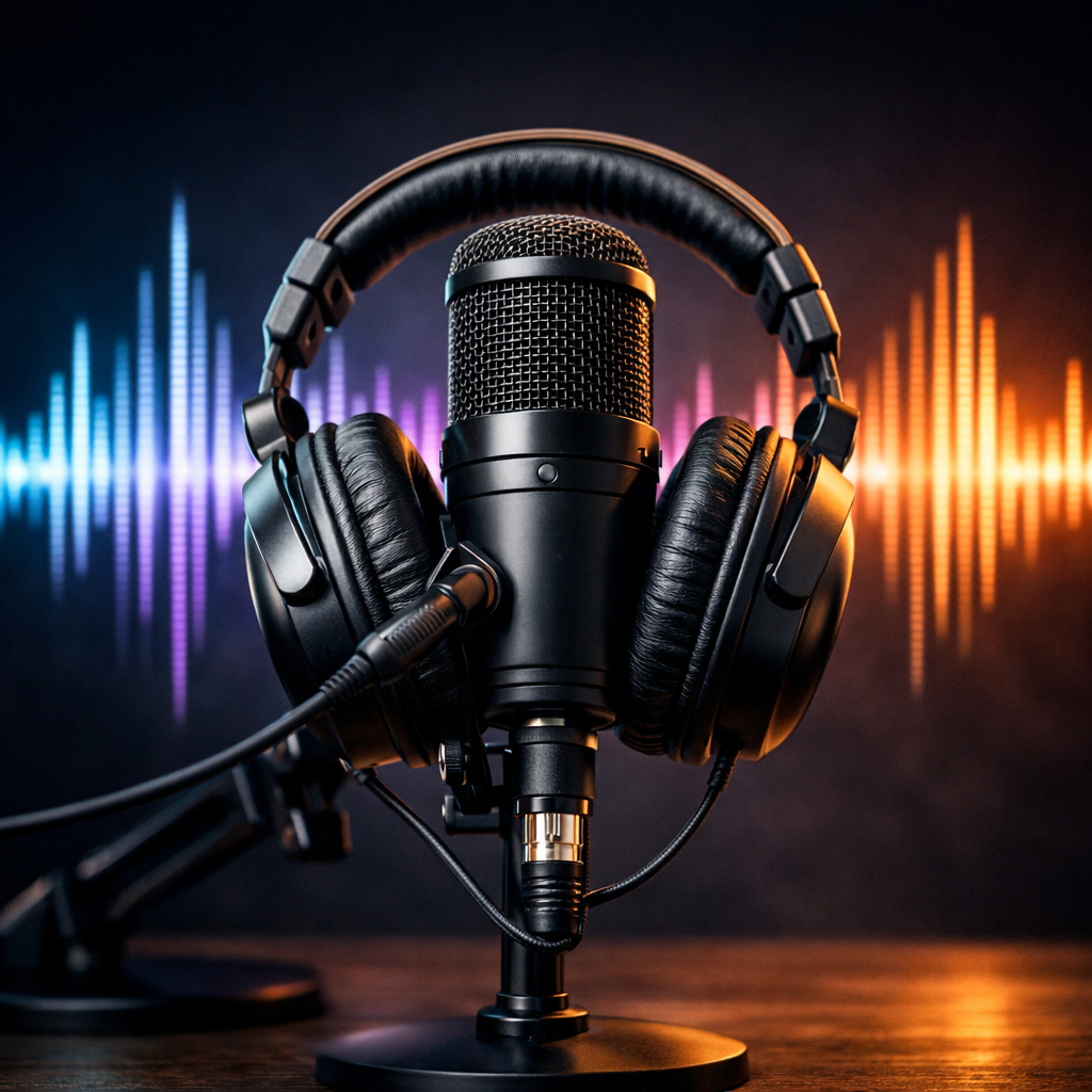 Professional microphone with headphones and colorful soundwave graphic
